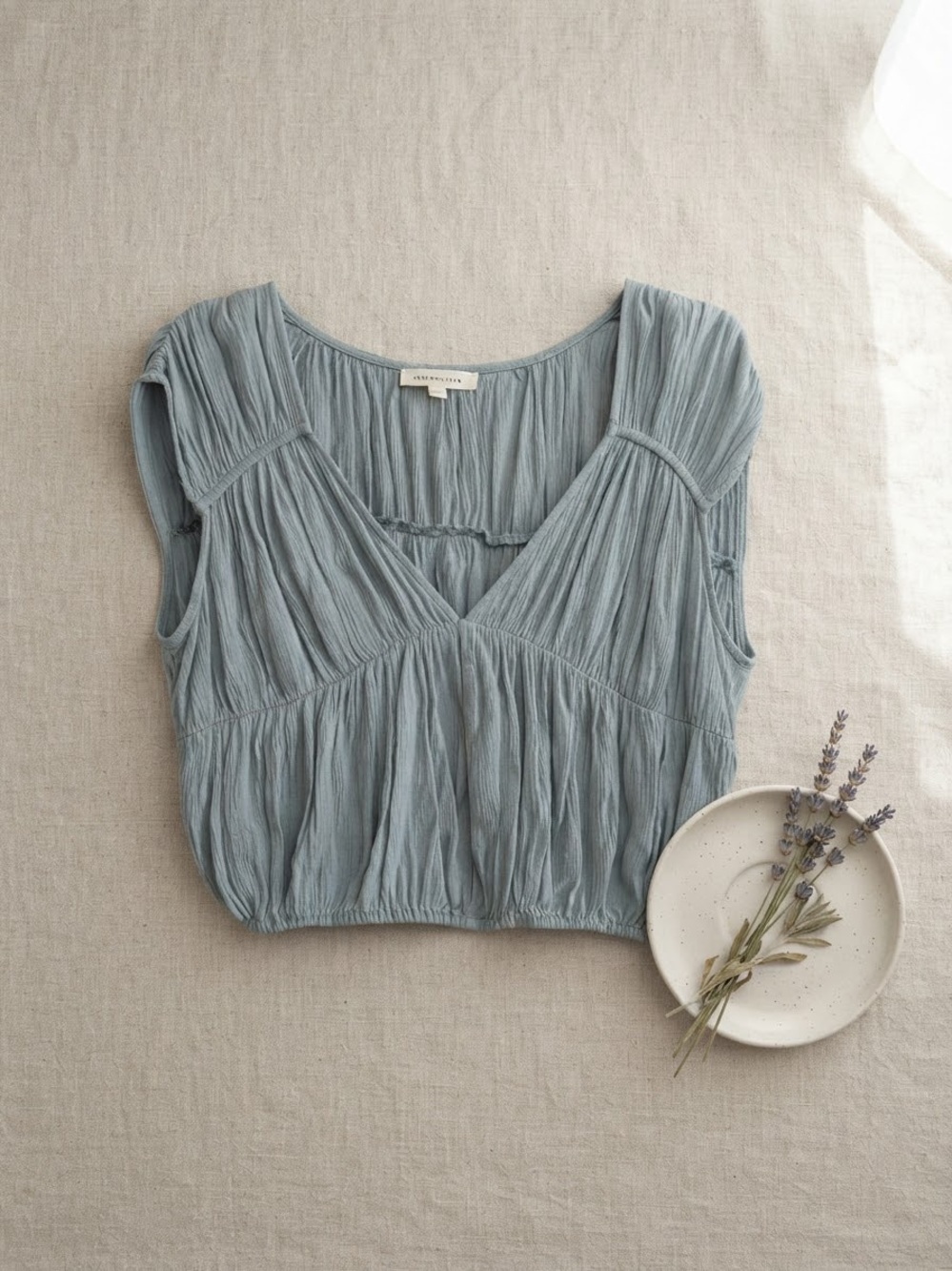 Grade & Gather Linen Blend Smocked Crop Top Blue Minimalist Cottagecore Boho S